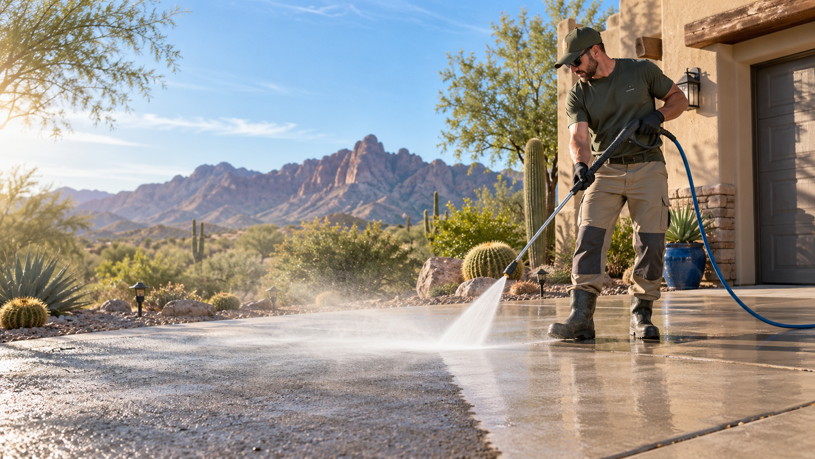 Professional pressure washing a driveway at an Arizona home